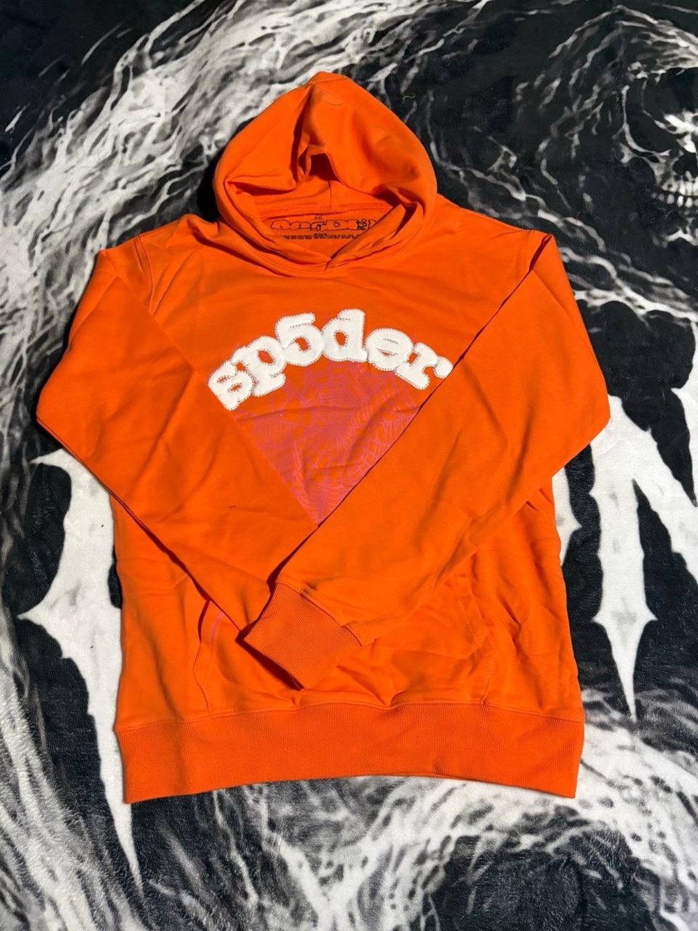 Orange Rhinestone Hoodie with sp5der puff print